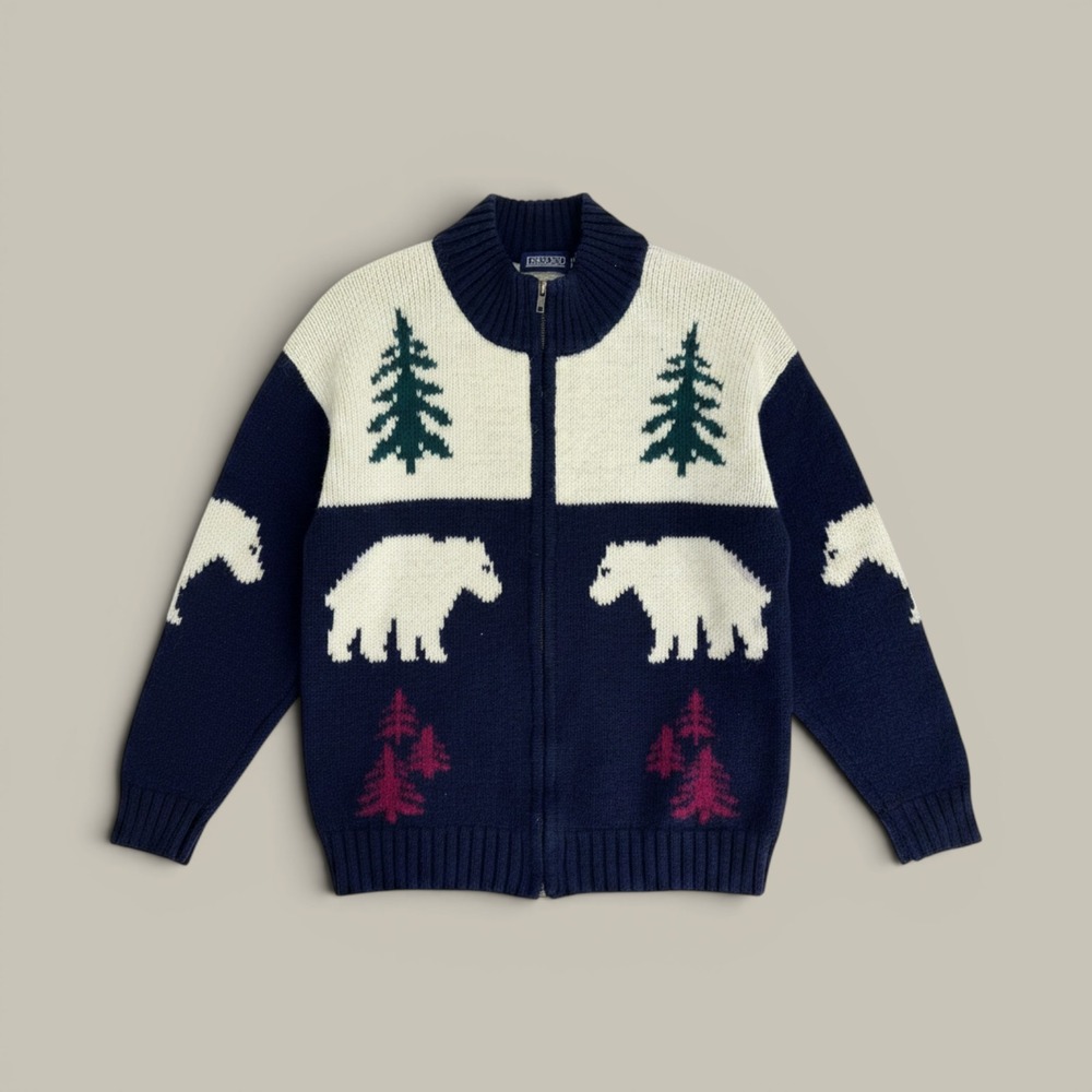 Vintage Lands End Wool Cardigan Sweater Men's Full Zip Knit Polar Bear Pine Tree